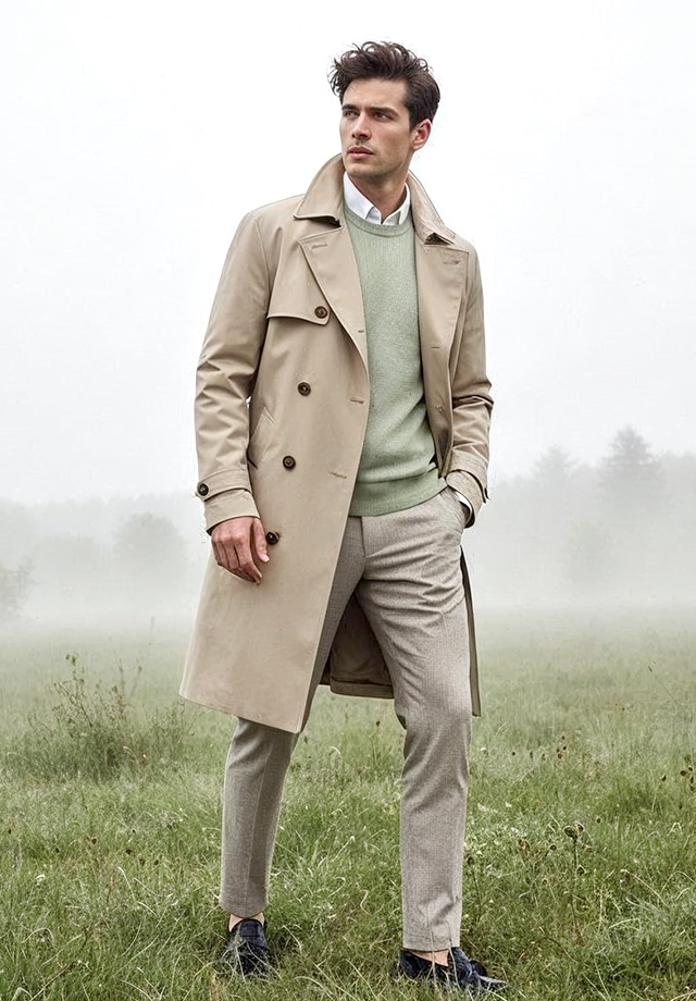 Mann in beigem Trenchcoat und mintgrünem Pullover im Freien