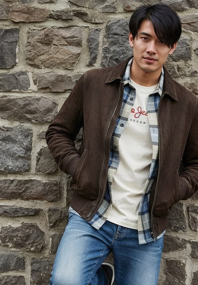 Braune Wildlederjacke über kariertem Hemd und Jeans, lässig getragen