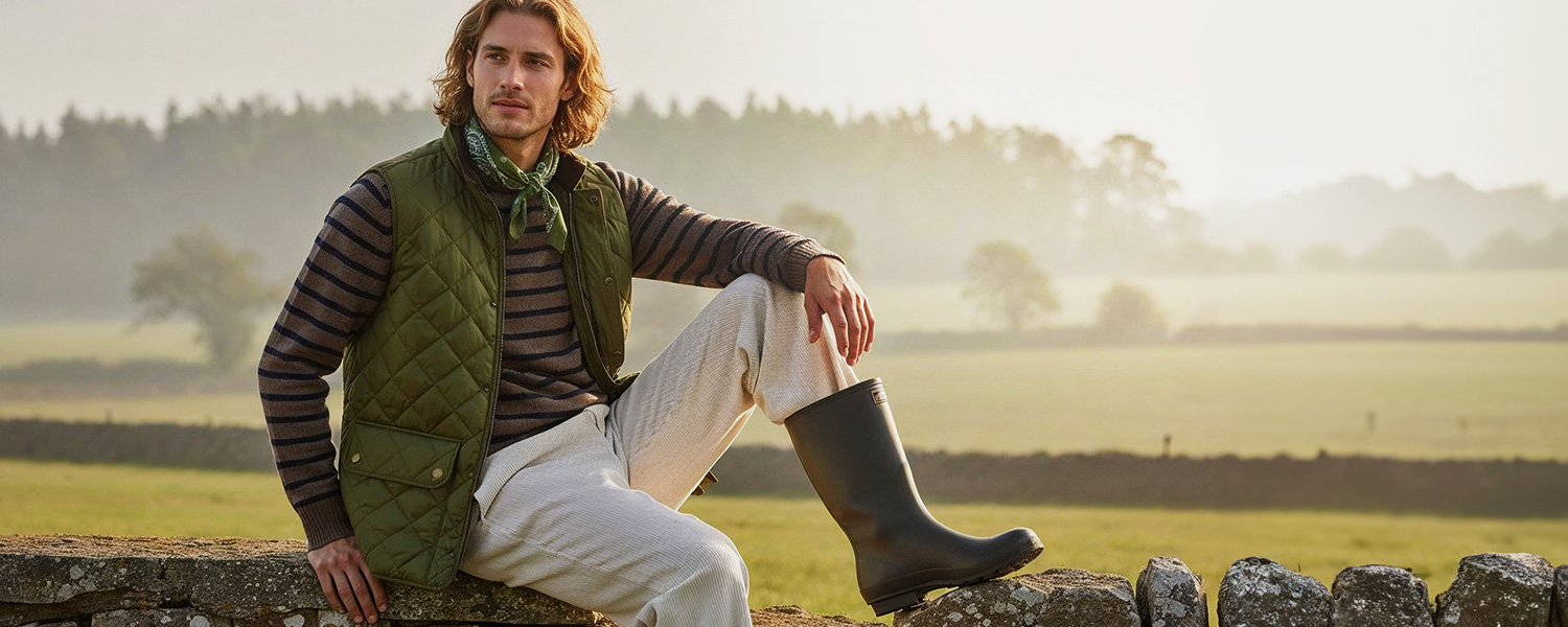 Mann in gestreiftem Pullover und olivgrüner Steppweste, sitzt auf Steinmauer mit Gummistiefeln, Naturhintergrund