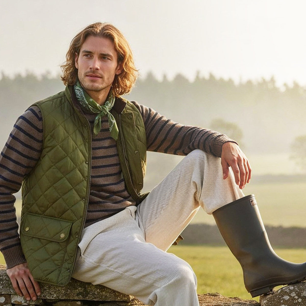 Herr in gestreiftem Pullover und olivgrüner Steppweste auf Steinmauer, getragen mit hellen Hosen und Gummistiefeln