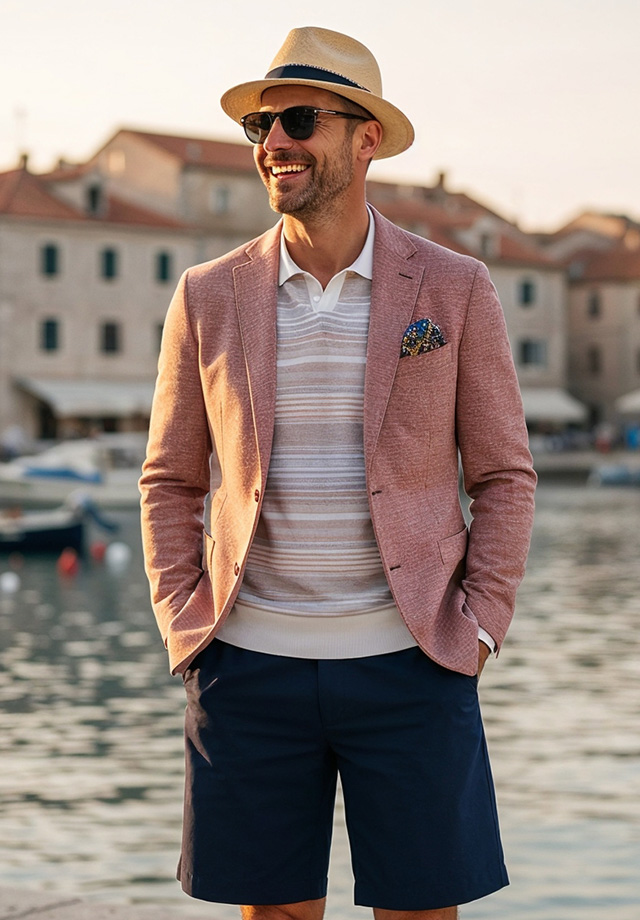 Mann in rosa Leinen-Sakko und gestreiftem Polo am Wasser, elegant casual getragen