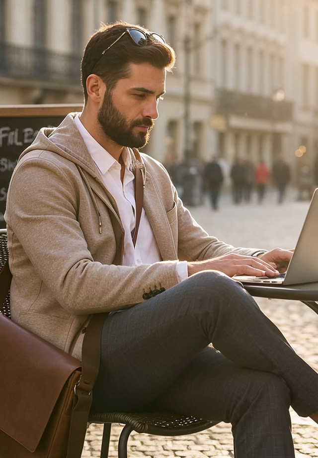 Hellbeige Kapuzenjacke mit weißem Hemd und grauer Hose, Mann arbeitet am Laptop im Freien
