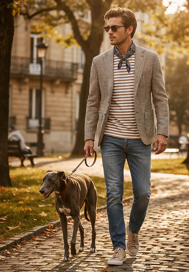 Mann in karierter Jacke und gestreiftem Shirt mit Hund spazieren, lässige Jeans und Sneakers