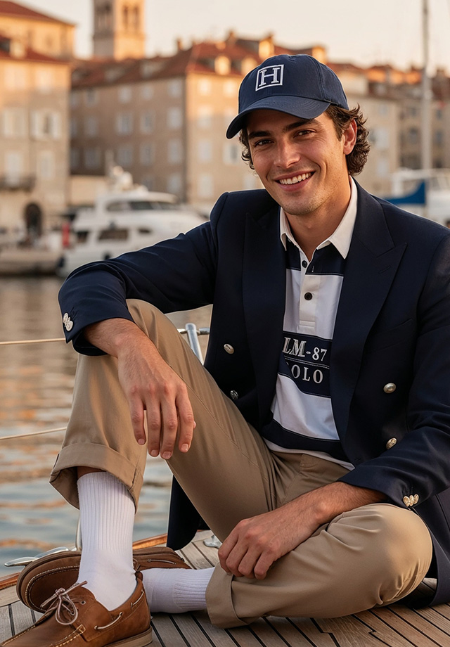 Marineblauer Blazer und Poloshirt mit khakifarben Chinos, sportlich-elegant auf Boot getragen
