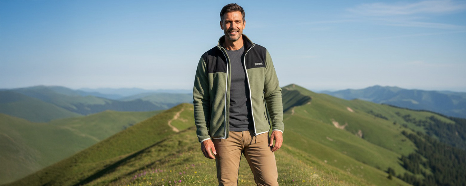 Mann in olivgrüner Fleecejacke aus Kunststoff, outdoor getragen auf Bergwiese