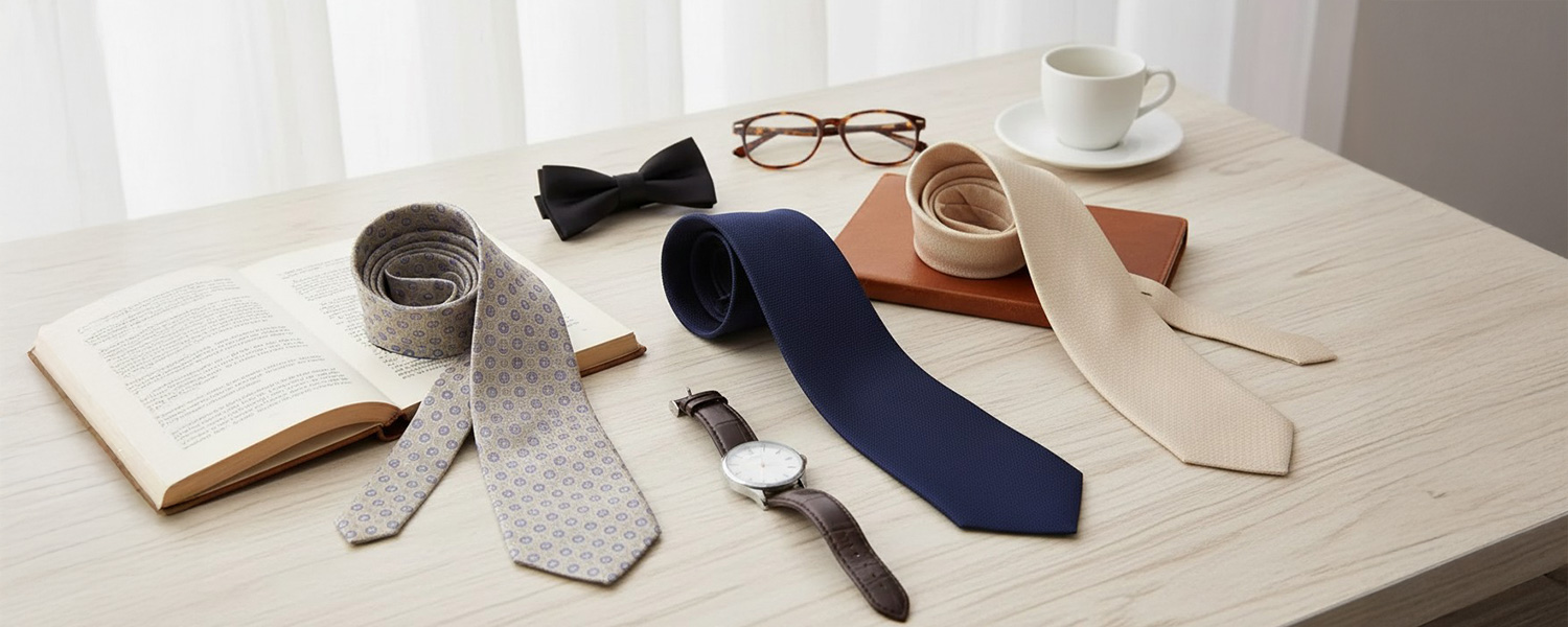 Verschiedene Krawatten in Blau, Sand und gemustertem Beige auf Holztisch mit Buch und Brille