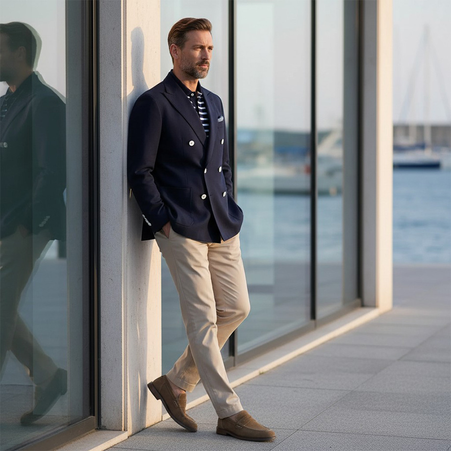 Herr in marineblauem Blazer mit Streifenhemd und beige Chinos, lässig an Glaswand lehnend