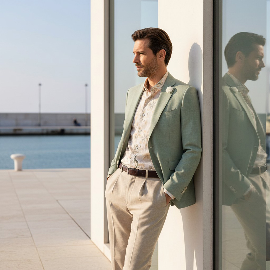 Mann in mintgrünem Sakko und beigem Freizeithemd am Wasser gelehnt