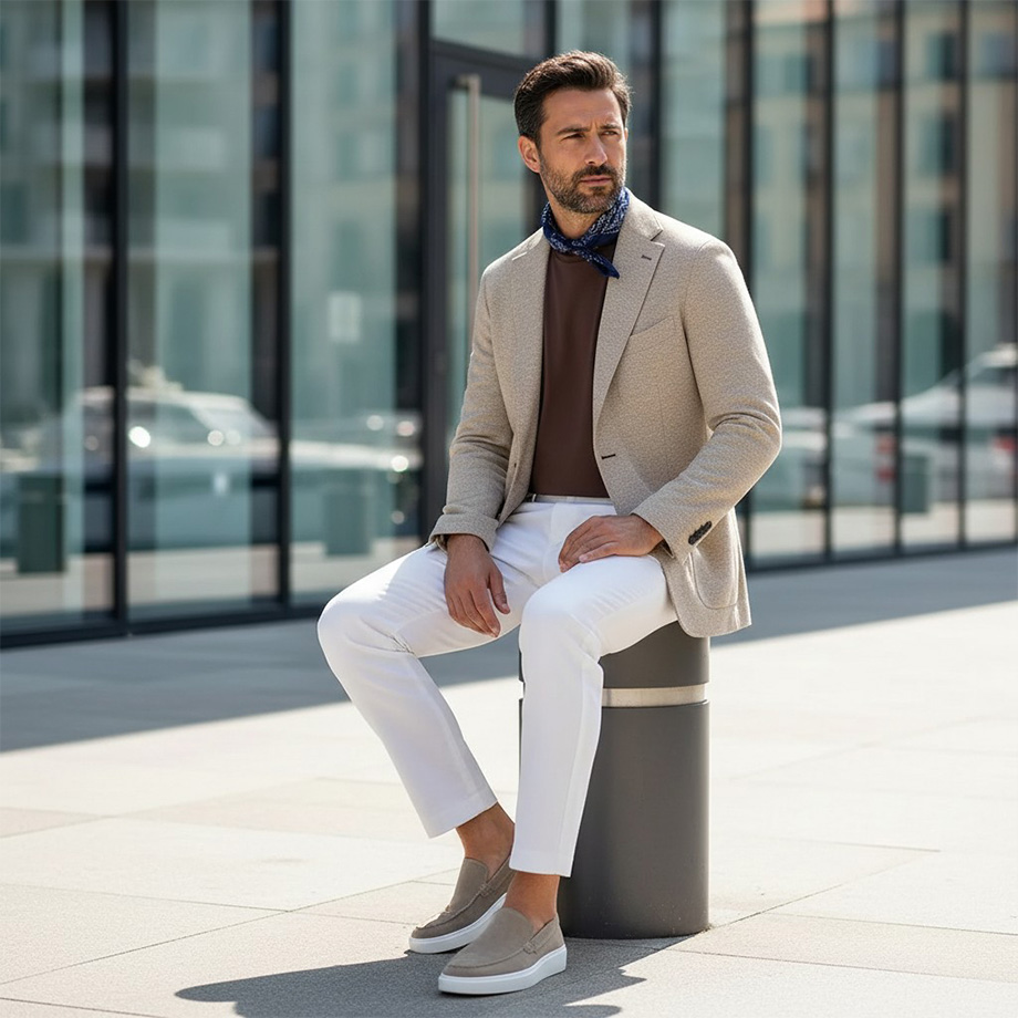 Mann in beigefarbenem Sakko und weißer Hose, sitzend im Freien
