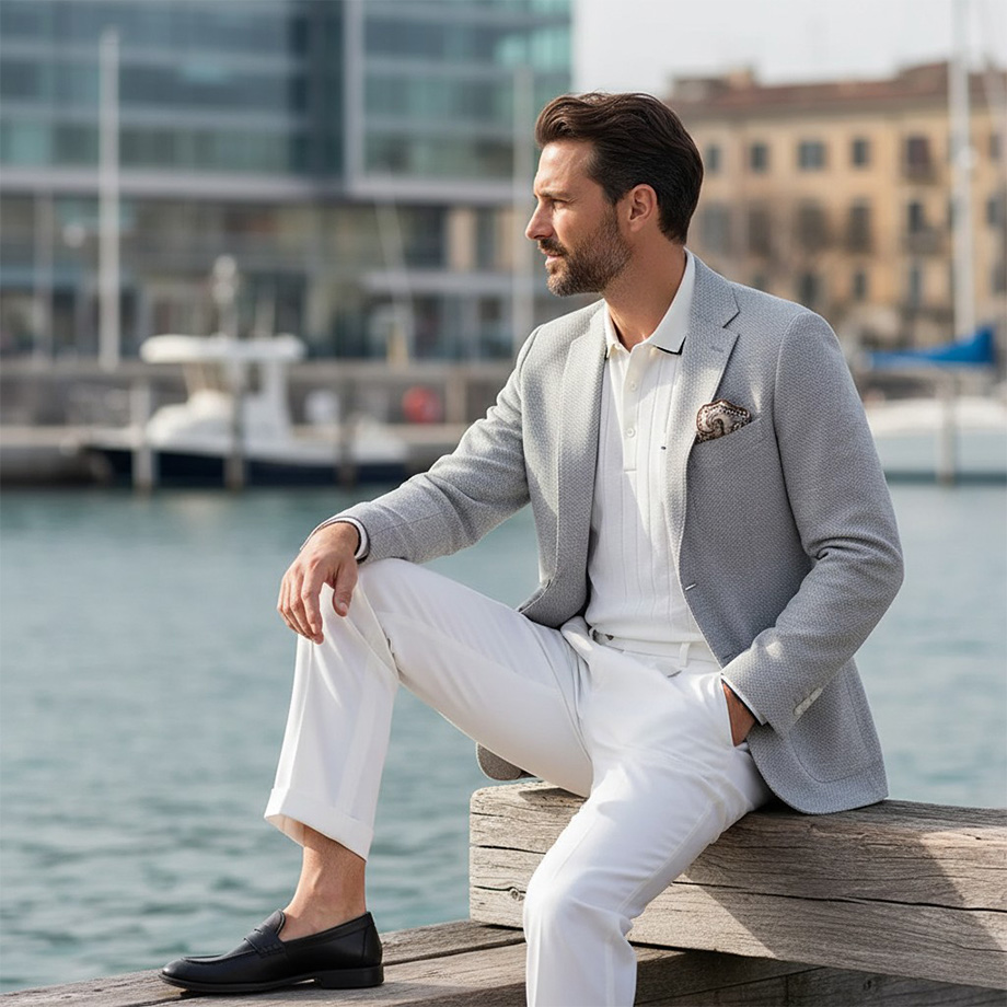Mann in hellgrauem Sakko und weißem Poloshirt aus Leinen am Wasser sitzend