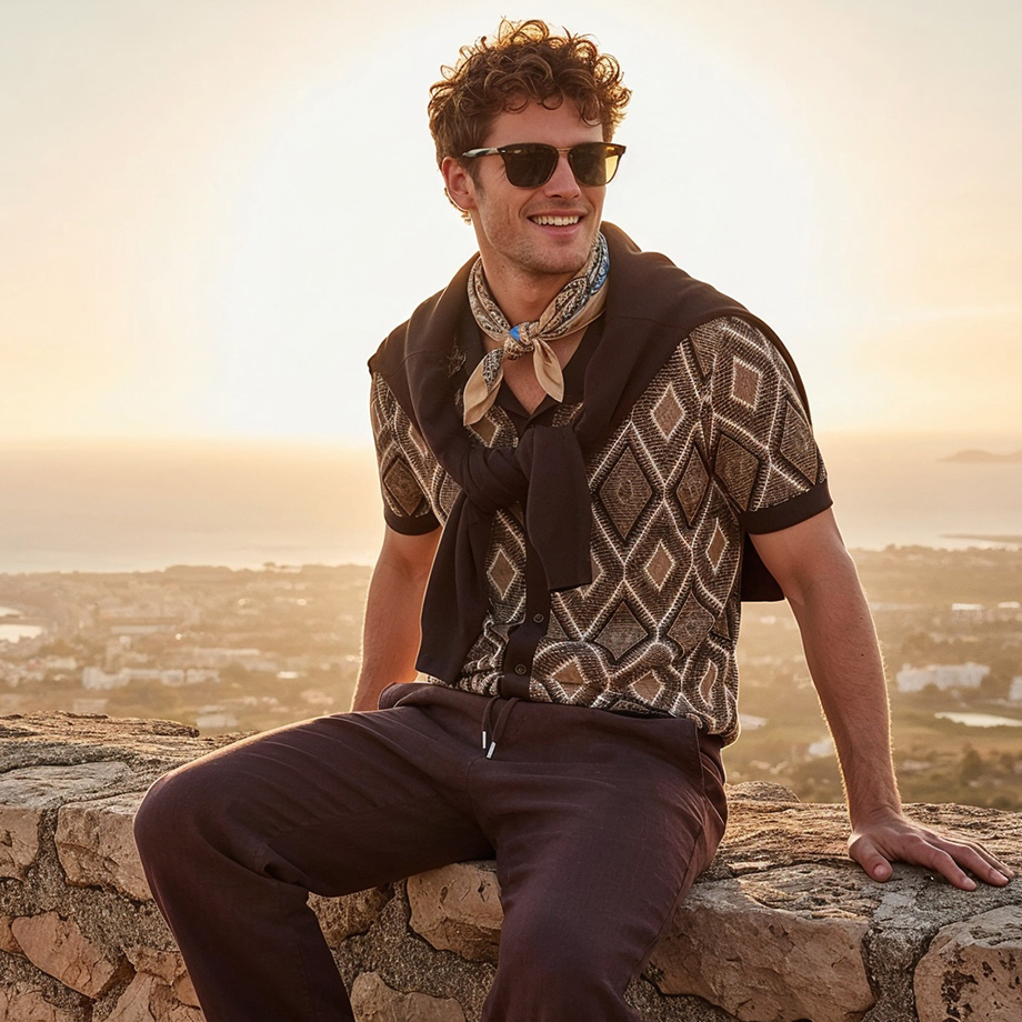 Herr in geometrisch gemustertem Freizeit-Hemd in Braun mit Sonnenbrille, leger getragen