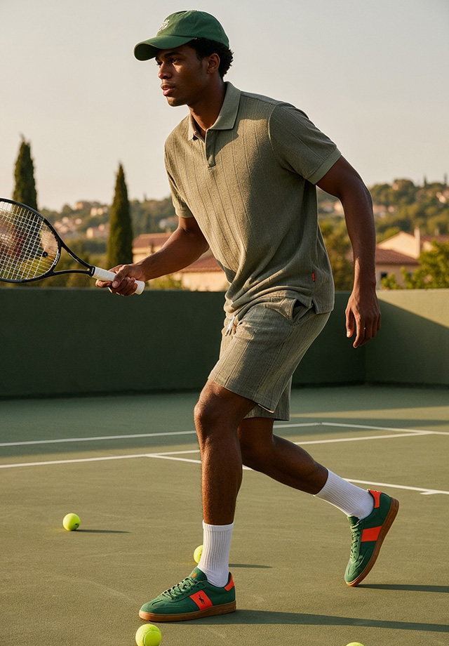 Mann in olivegrünem Poloshirt und Shorts, Tennisspiel auf dem Platz