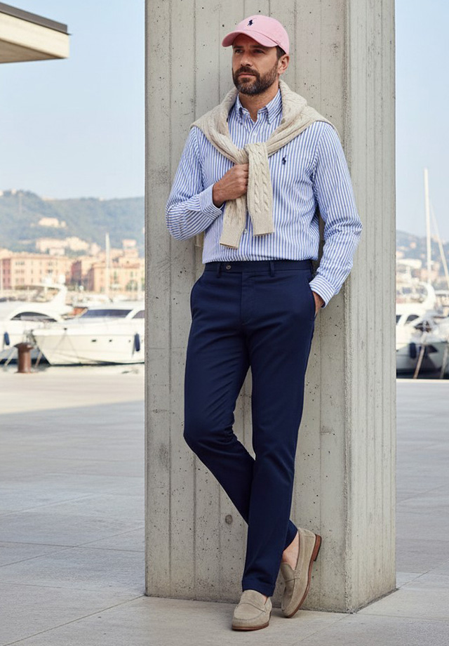 Mann in blau-weiß gestreiftem Business-Hemd mit Pullover über Schultern, dunkelblaue Chino-Hose, Boot-Umgebung