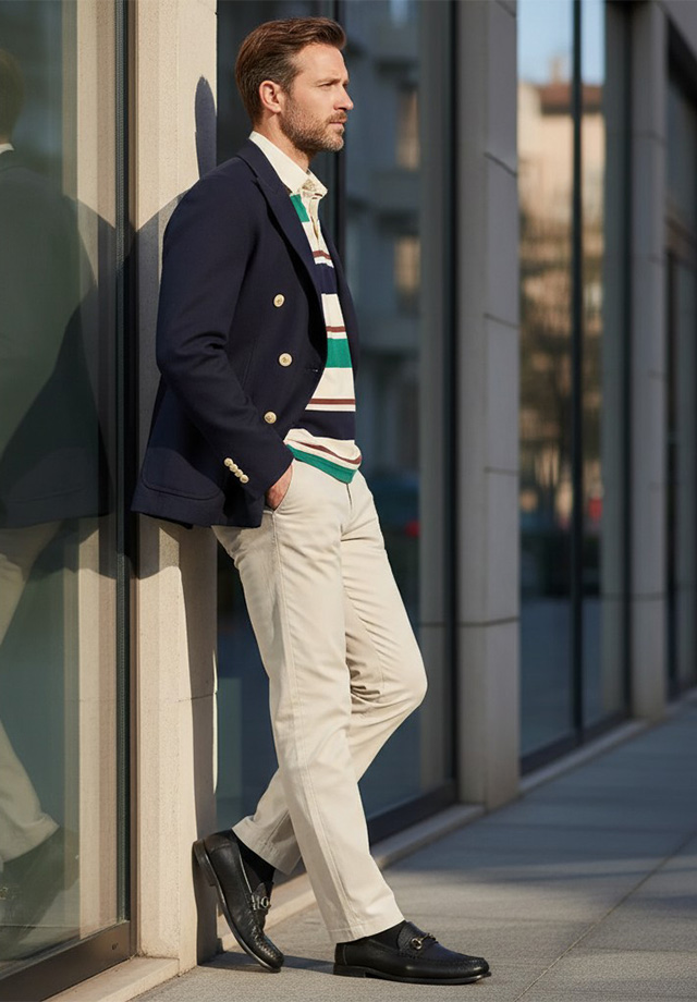 Herrenblazer in Dunkelblau mit Streifen-Poloshirt, kombiniert mit beigen Chinos, lässig getragen