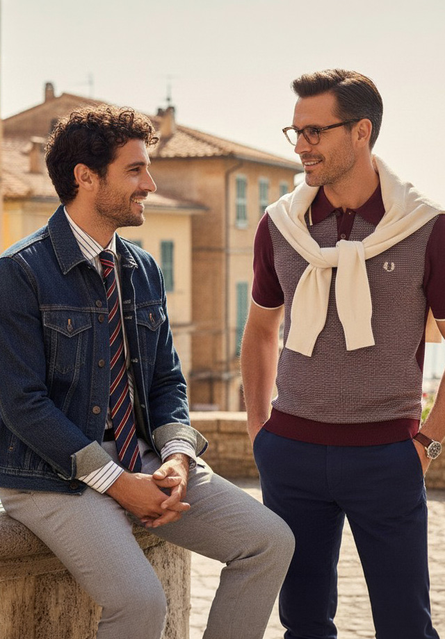 Mann in grauer Anzughose und blauem Jeansjackett, sitzend; anderer Mann im bordeauxfarbenen Poloshirt mit Pulli über Schultern, stehend.