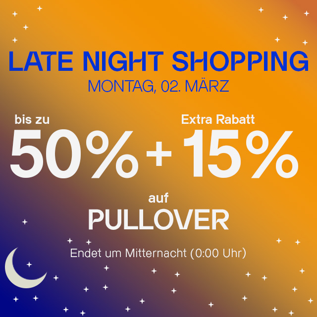 Latenight-Sale Hinweis mit 50% + Extra Rabatt 15% auf Herrenpullover, endet Mitternacht