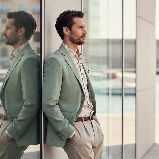 Eleganter Mann im mintgrünen Sakko und beigem Hemd, lässig am Glasgebäude angelehnt mit Hafenhintergrund