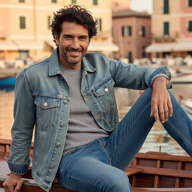 Mann in blauer Jeansjacke und grauem Pullover, lässig auf einem Boot sitzend, Jeans und Sneaker.