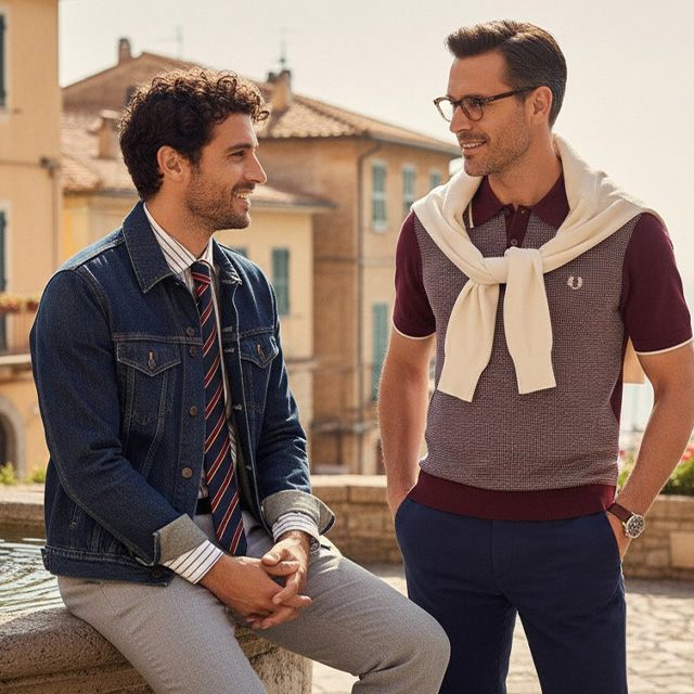 Männer im Gespräch; einer in Jeansjacke mit Krawatte, der andere in bordeauxrotem Poloshirt, Freizeit-Szene am Hafen