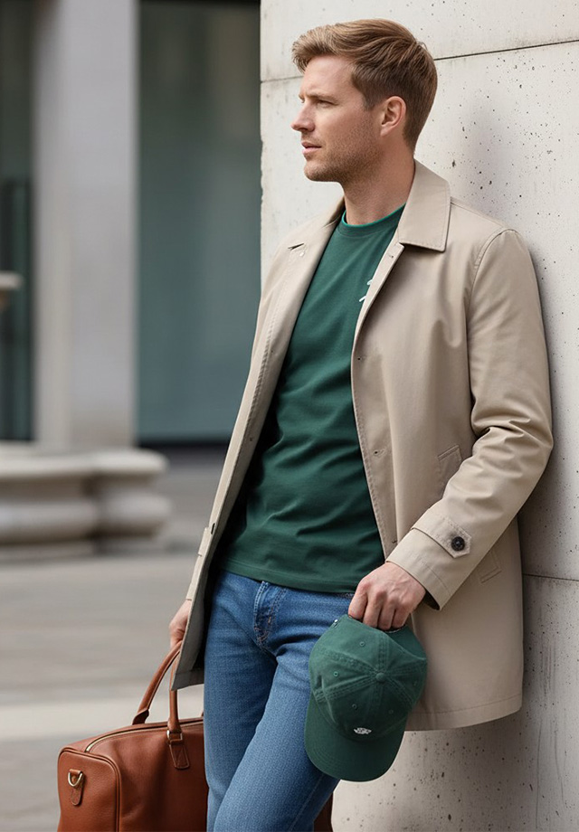 Mann in beigem Trenchcoat mit grünem Pullover und Jeans, lässig mit Mütze und Ledertasche getragen.