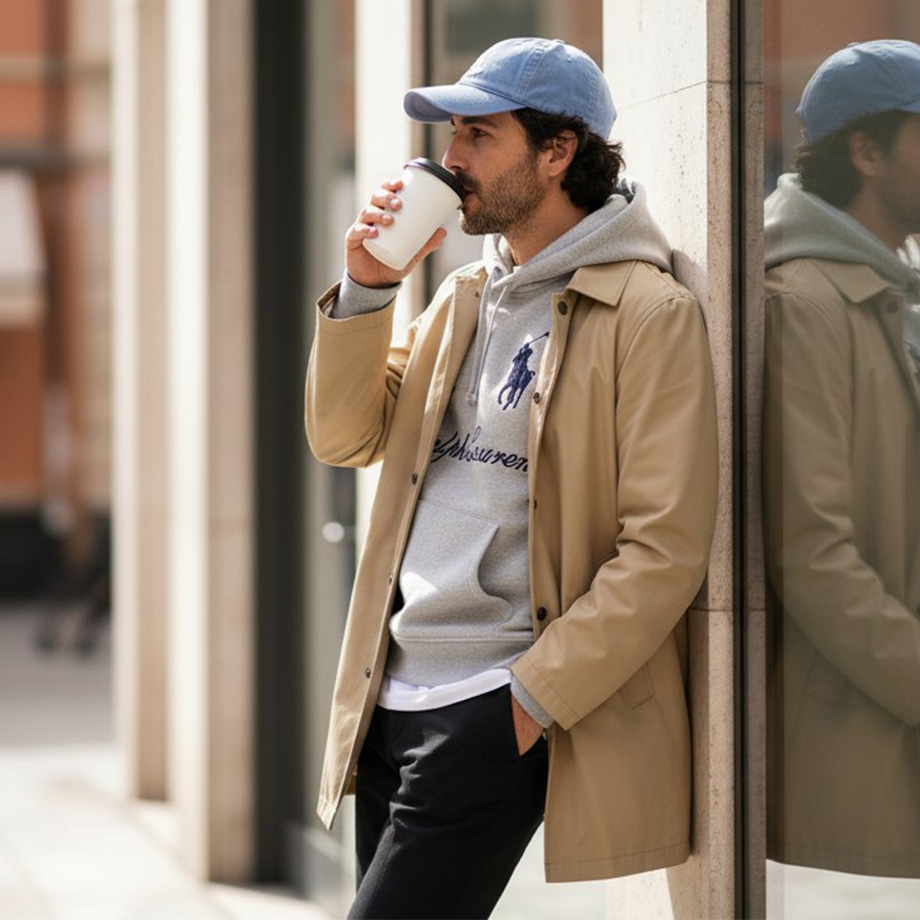 Mann im beigen Mantel und grauem Hoodie, lässig stehend, trinkt Kaffee