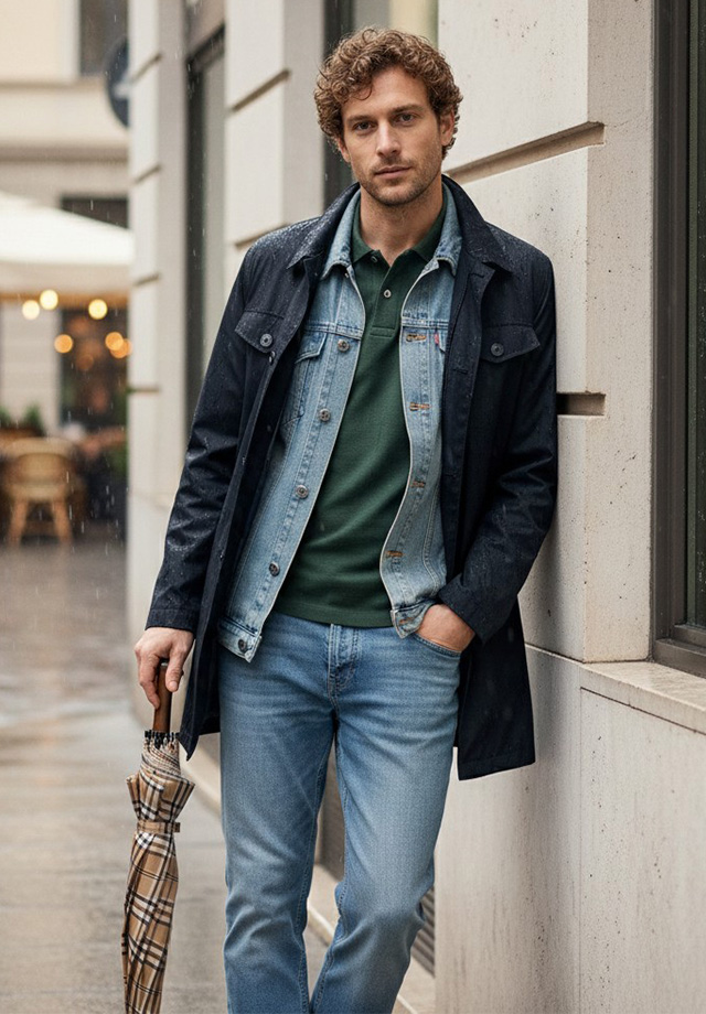 Mann in dunkelblauem Trenchcoat über Jeansjacke mit grünem Poloshirt, lässig auf Straße