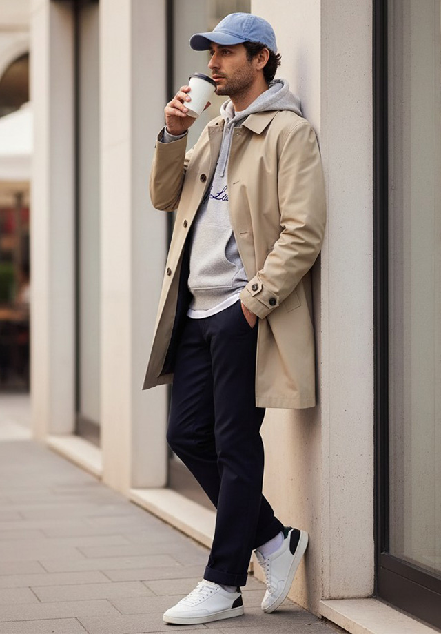 Mann in beigem Trenchcoat und grauem Hoodie, dunkelblaue Chinos und weiße Sneakers, lässig an eine Wand gelehnt