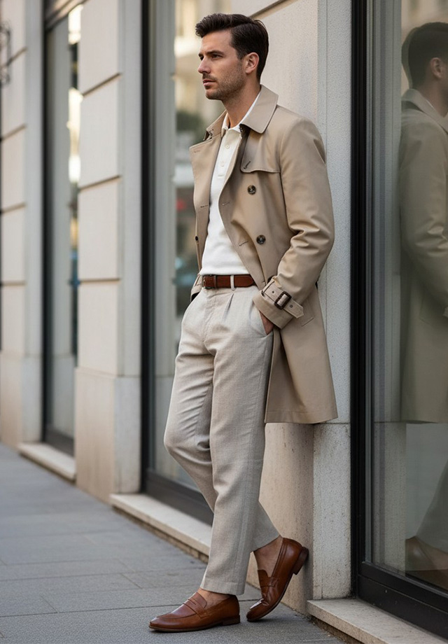 Hellbeige Trenchcoat und Poloshirt, kombiniert mit beigen Stoffhosen und braunen Loafern, lässig getragen.
