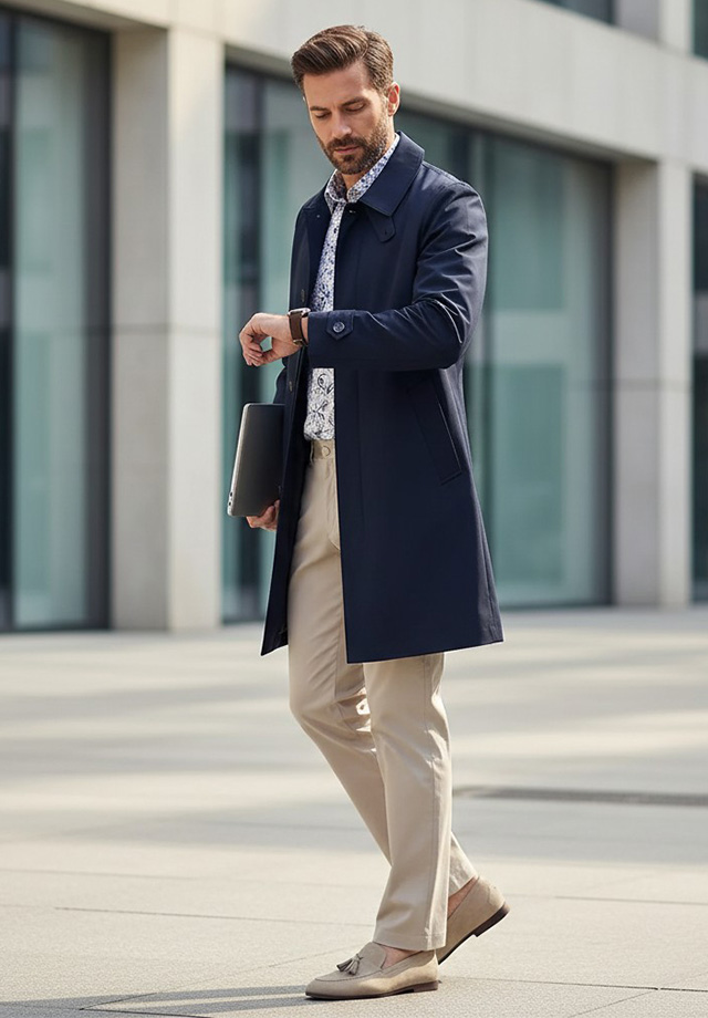 Mann im marineblauen Mantel und beigen Chinos, mit floralem Hemd, hält Laptop