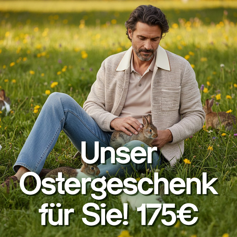 Mann in beigem Strickcardigan mit Polohemd und Jeans auf Wiese mit Hasen