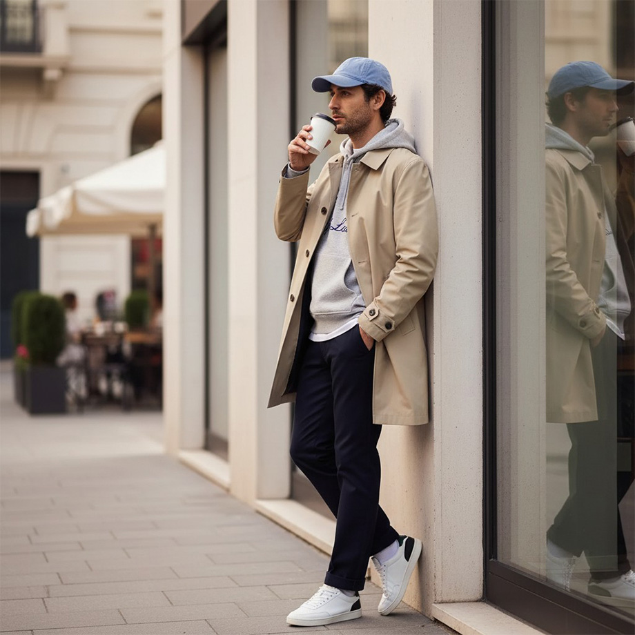Mann in beigem Trenchcoat und grauem Kapuzenpullover mit Kaffeebecher in der Stadt