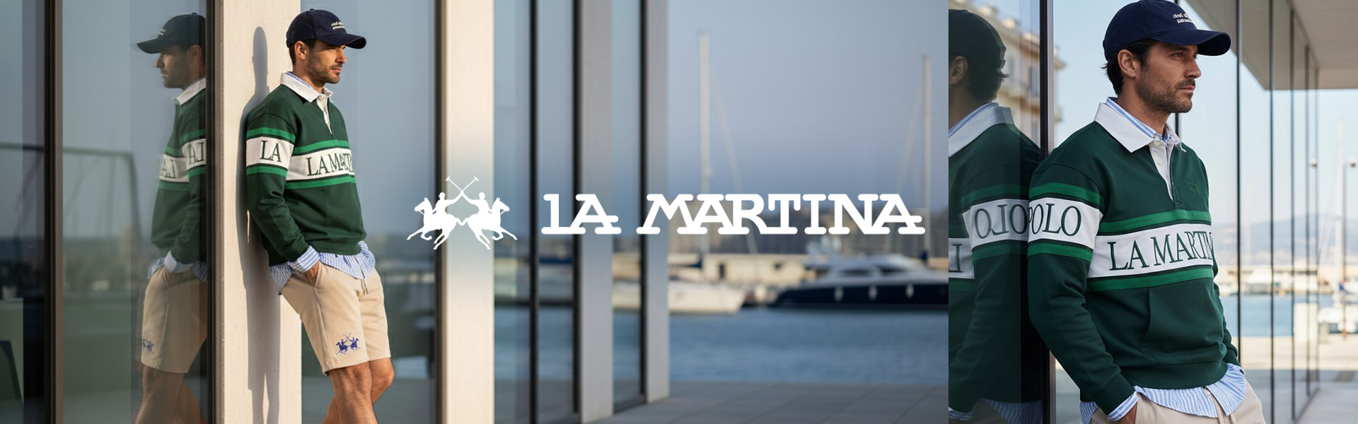 Mann in grünem Poloshirt mit weißer Aufschrift, leger über Hemd am Hafen getragen