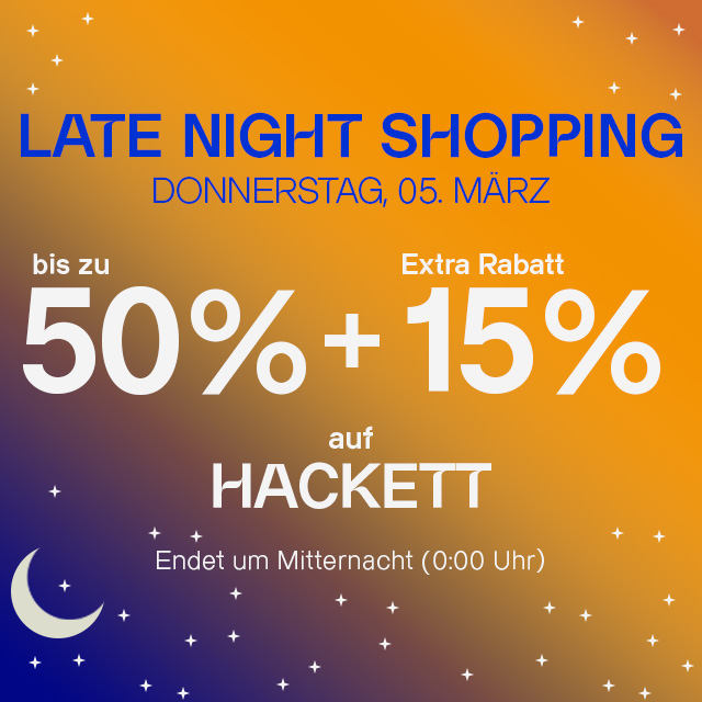 Banner mit Late-Night-Shopping-Angebot, bis zu 65 % Rabatt auf Herrenmode, endet um Mitternacht
