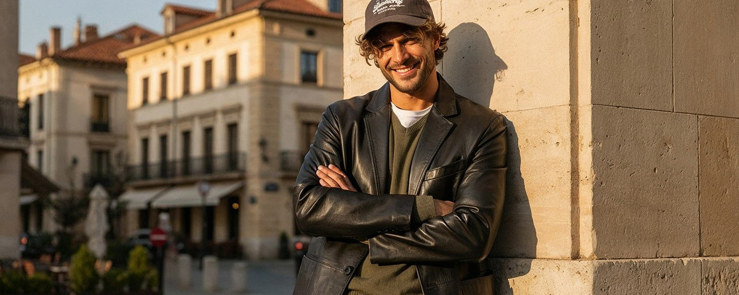 Casual braune Lederjacke und grüner Pullover, lässig getragen im Freien.