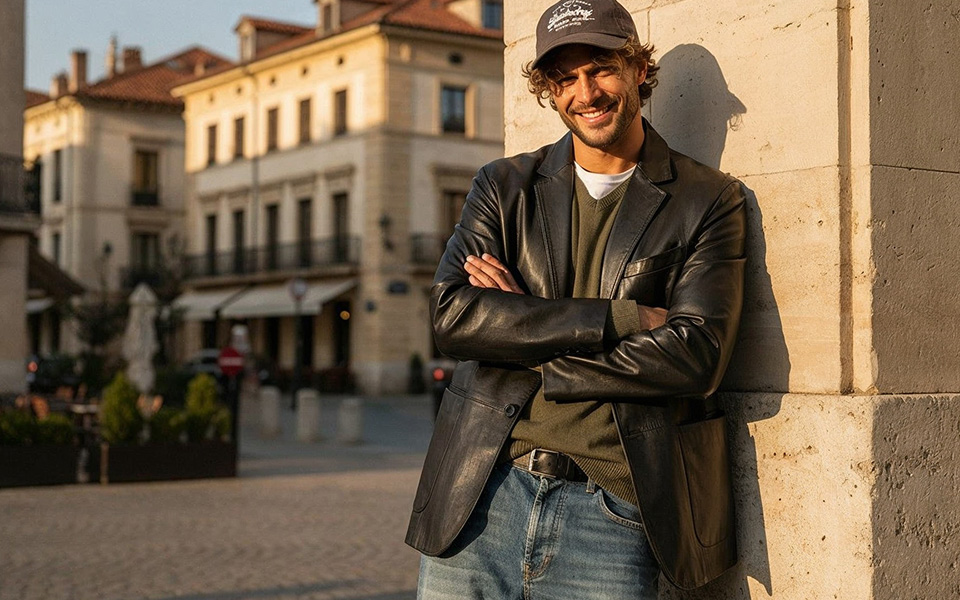 Mann in schwarzer Lederjacke mit Olivgrünem Pullover und Jeans, lässig im Freien