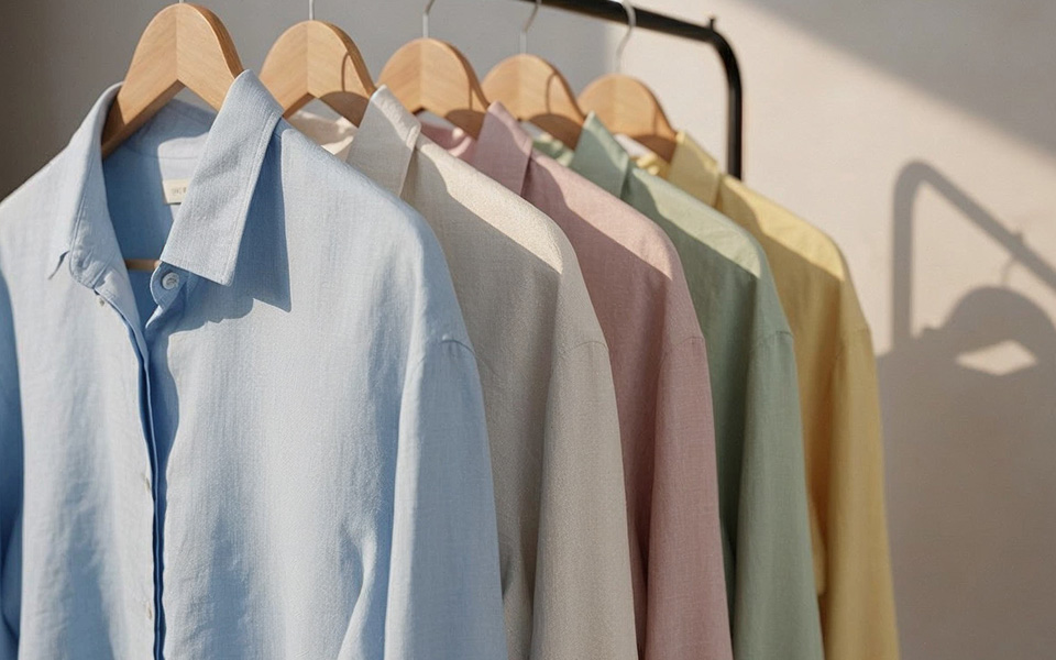 Helle Leinenhemden in Blau, Beige und Rosa auf Holzkleiderbügeln präsentiert