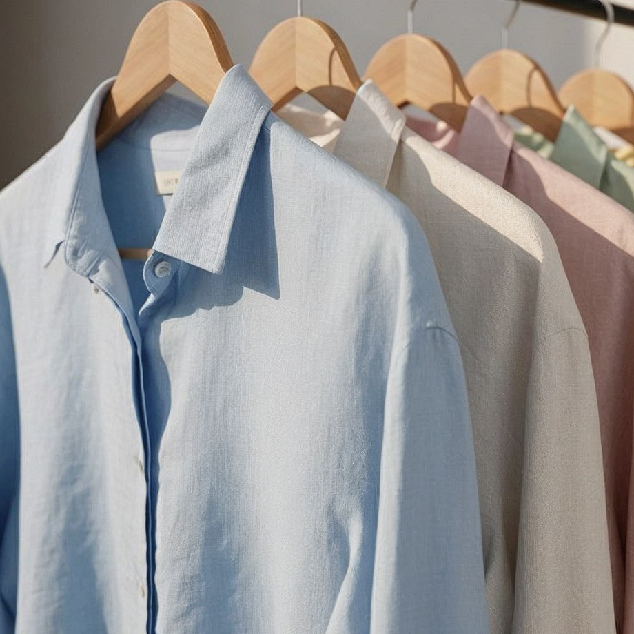 Helle Leinenhemden in Blau, Beige und Rosa auf Holzkleiderbügeln präsentiert