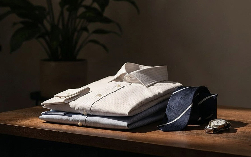 Gepflegtes weißes Business-Hemd aus Baumwolle, auf Tisch mit dunkelblauer Krawatte und Uhr drapiert