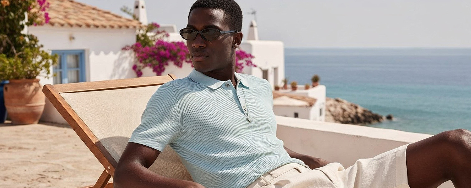 Hellblaues Strick-Poloshirt aus Baumwolle, lässig getragen am Meer auf Sonnenliege