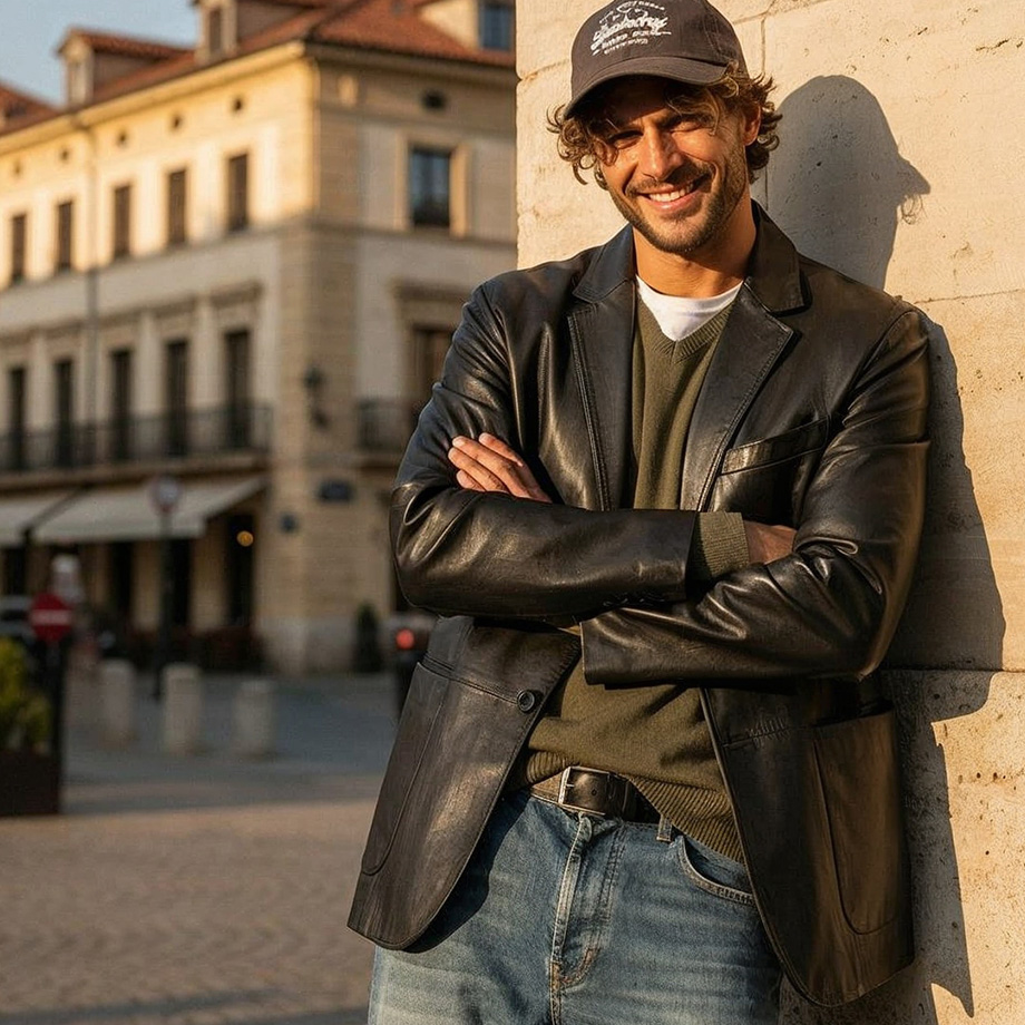 Mann in schwarzer Lederjacke mit Olivgrünem Pullover und Jeans, lässig im Freien