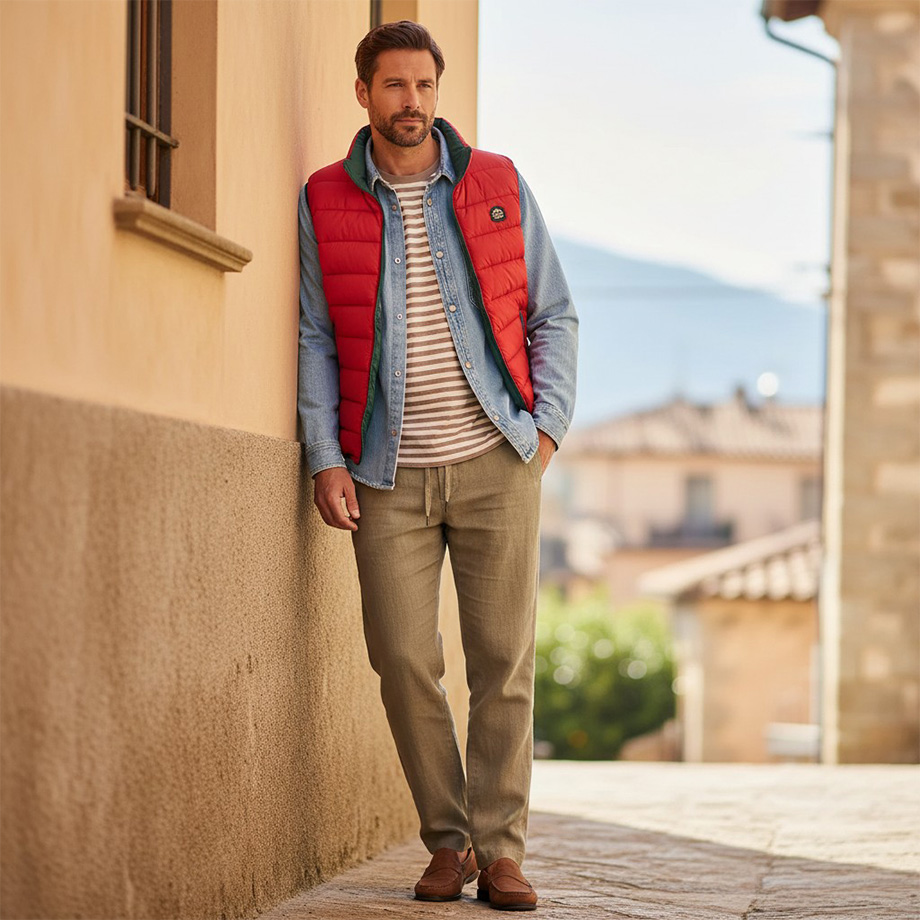 Casual-Herrenoutfit mit roter Steppweste, gestreiftem Shirt und beige Chinohose.