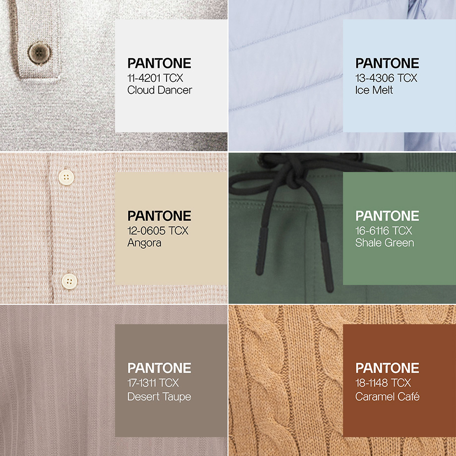 Elegante Strickmode in Angora, Shale Green und Caramel Café mit Pantone-Farbcodes, präsentierte Stoffmuster.