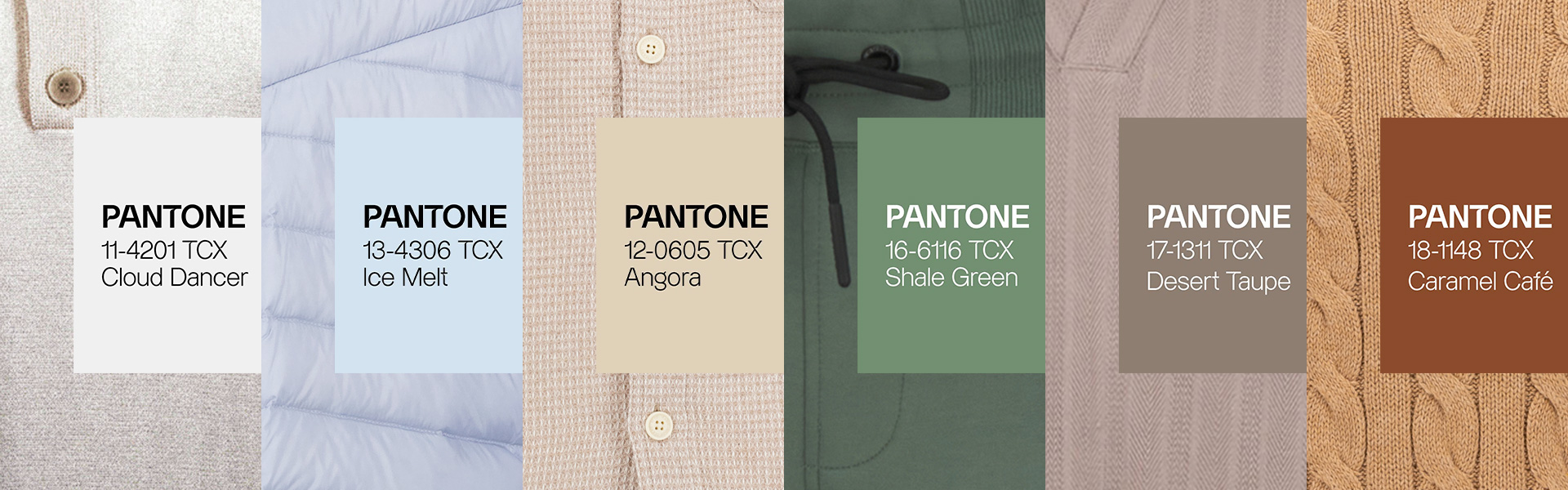 Elegante Strickmode in Angora, Shale Green und Caramel Café mit Pantone-Farbcodes, präsentierte Stoffmuster.