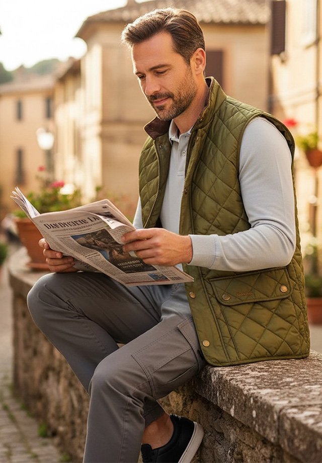 Mann in olivgrüner Steppweste und grauem Poloshirt, sitzend mit Zeitung