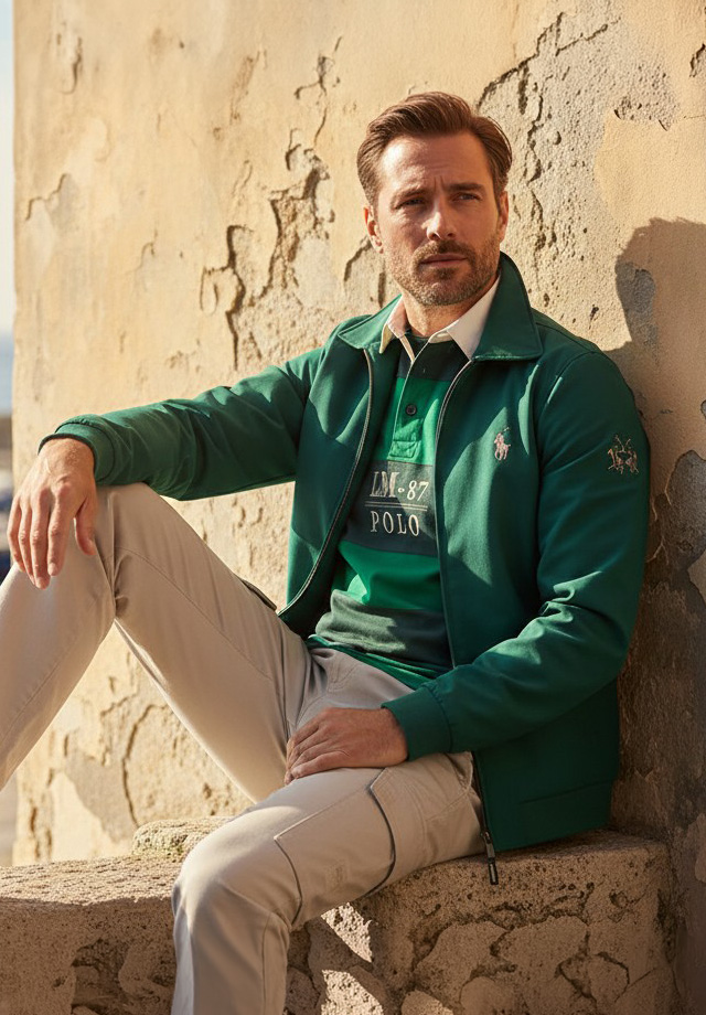 Mann in grünem Poloshirt mit weißem Kragen und beiger Hose, lässig im Freien