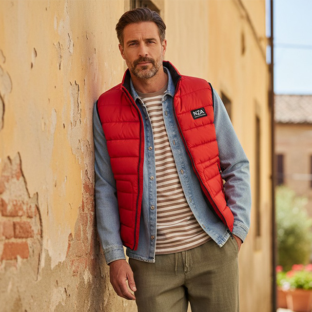 Mann mit roter Steppweste und Streifenshirt, lässig vor Stadtmauer