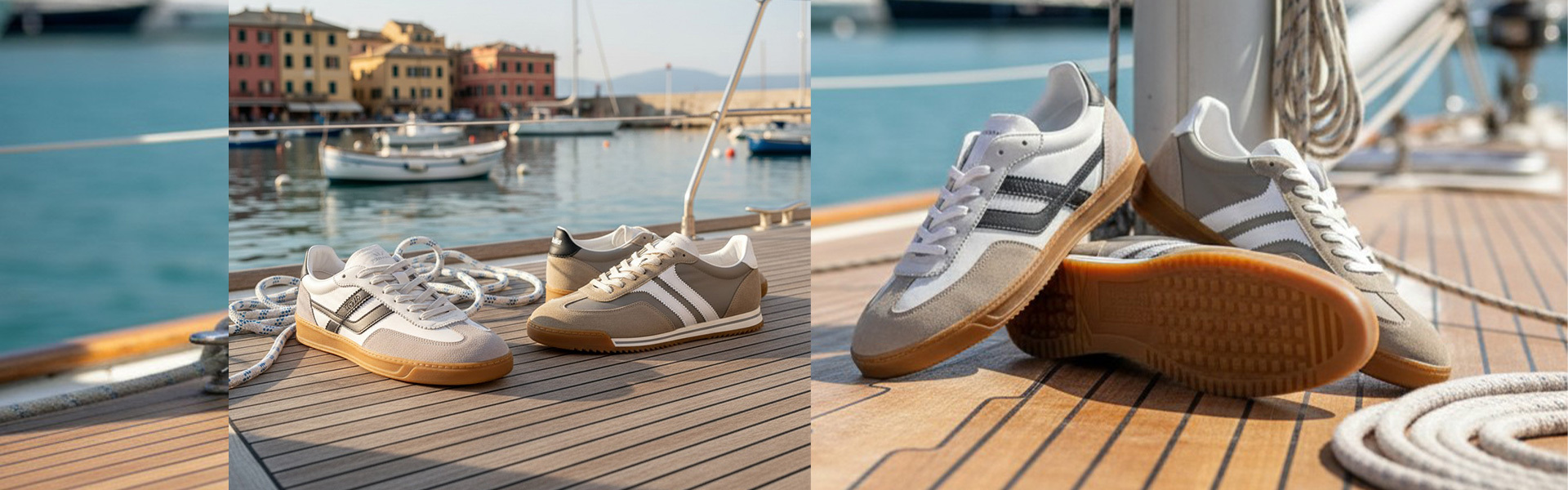 Beige-weiße Sneaker aus Leder auf Bootsdeck, lässig platziert, mit maritimer Kulisse