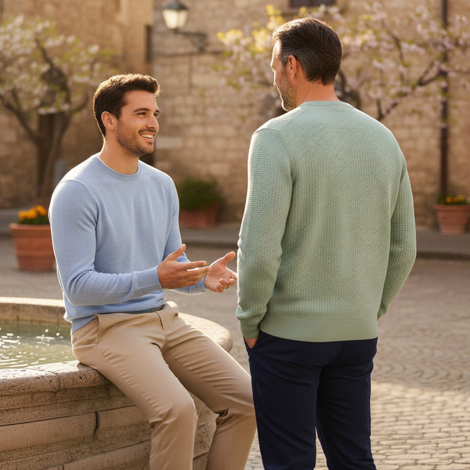 Männer in hellblauem und mintgrünem Strickpullover im Freien, lässiges Gespräch, hochwertiger Baumwollstoff