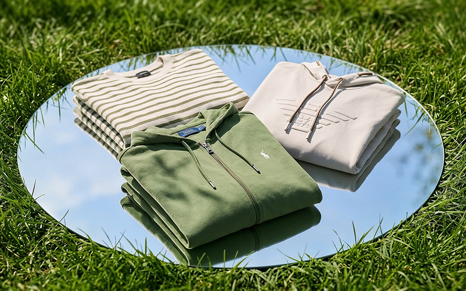 Gestreiftes Langarmshirt aus Baumwolle und zwei Kapuzenpullover in Beige und Grün auf Spiegel im Freien.