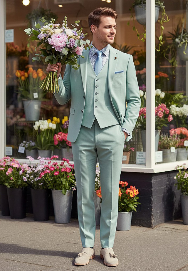 Hellgrüner Anzug mit Weste, weißem Hemd und gemusterter Krawatte, draußen getragen